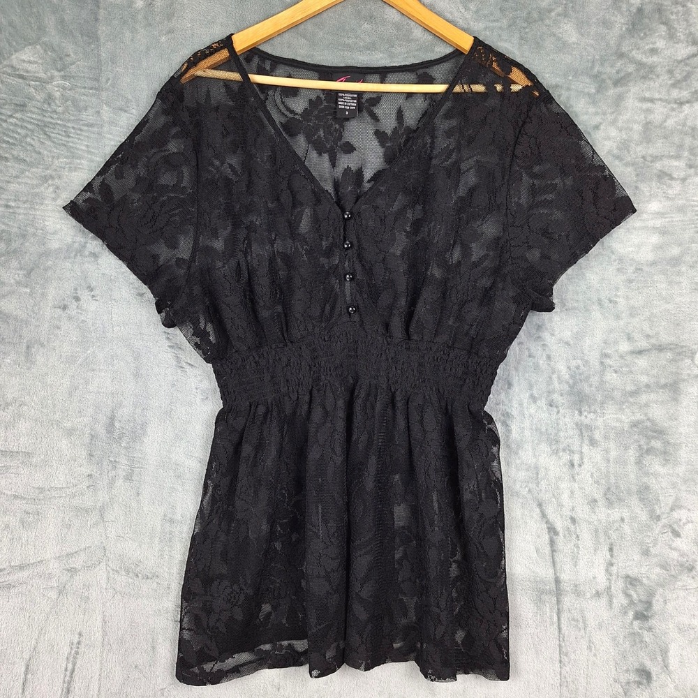 Torrid Top 3X Black Fairy Grunge Whimsigoth Y2K Romantic Floral Lace Sheer Mesh